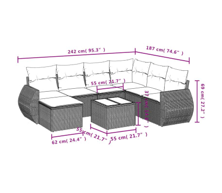 vidaXL 8-delige Loungeset met kussens poly rattan beige