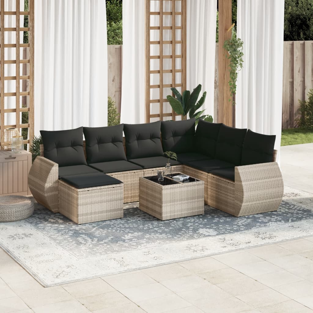 vidaXL 8-tlg. Garten-Sofagarnitur mit Kissen Hellgrau Poly Rattan