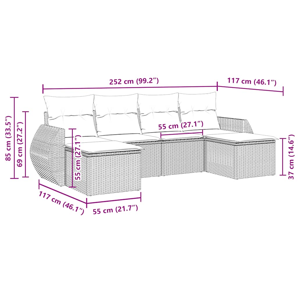 vidaXL 6-delige Loungeset met kussens poly rattan zwart afbeelding
