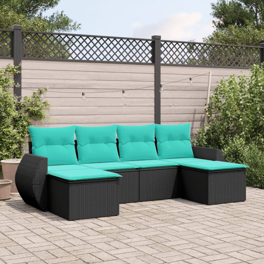 6 Piece Patio Sofa Set with Cushions Black Poly Rattan vidaXL vidaXL