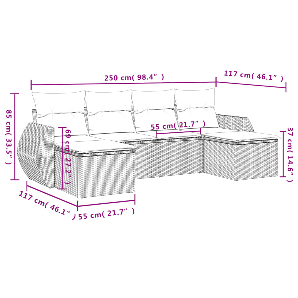 vidaXL 6-delige Loungeset met kussens poly rattan beige