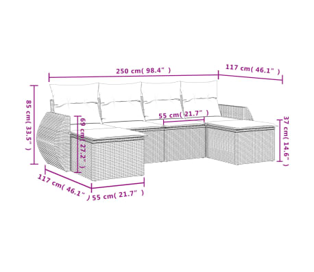 vidaXL 6 pcs conjunto de sofás p/ jardim com almofadões vime PE bege