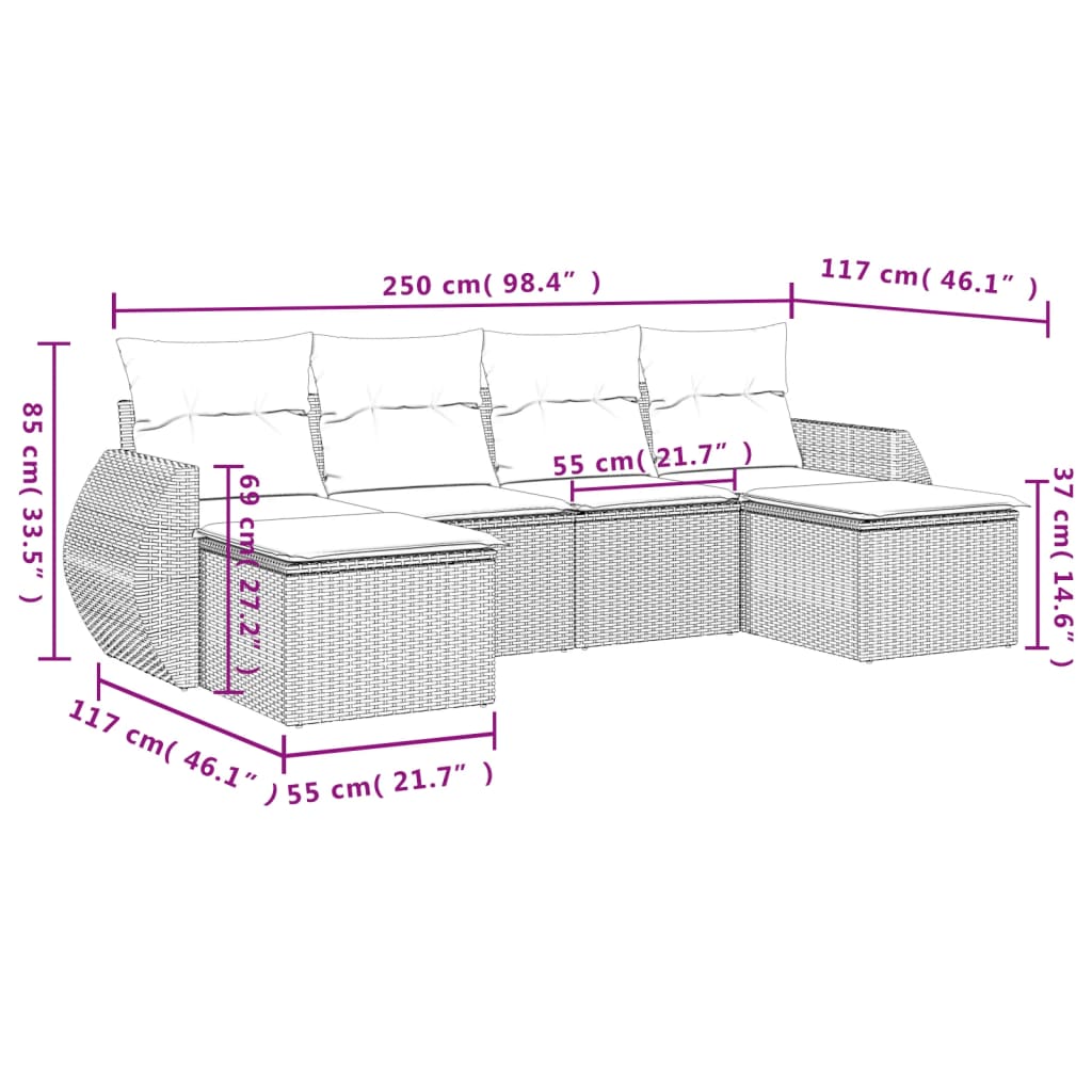 vidaXL 6-delige Loungeset met kussens poly rattan beige afbeelding