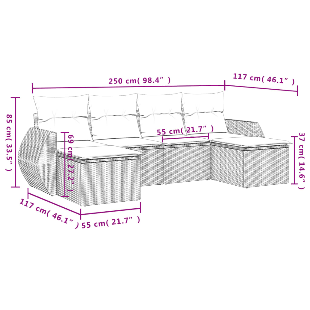 vidaXL 6-delige Loungeset met kussens poly rattan grijs afbeelding