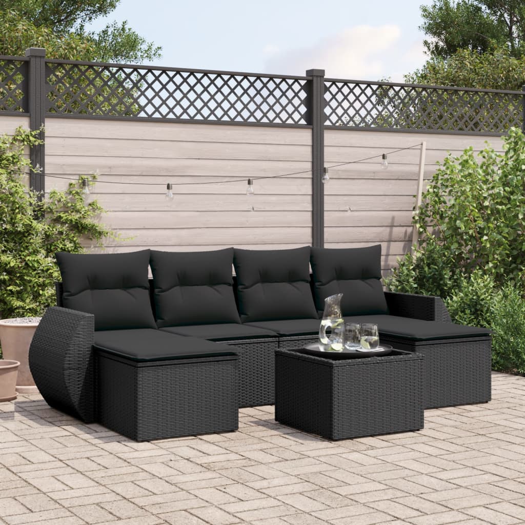 vidaXL 7-tlg. Garten-Sofagarnitur mit Kissen Schwarz Poly Rattan