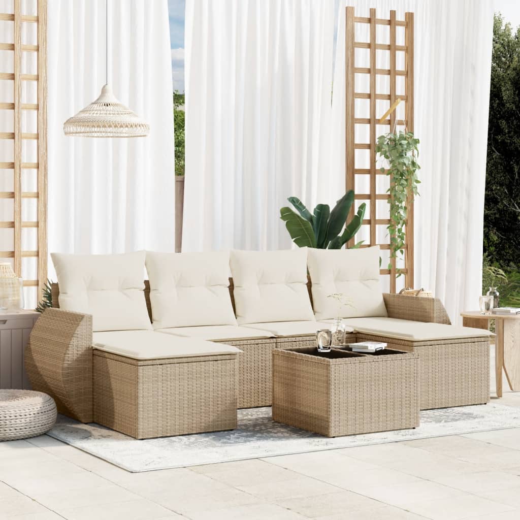 vidaXL 7-tlg. Garten-Sofagarnitur mit Kissen Beige Poly Rattan