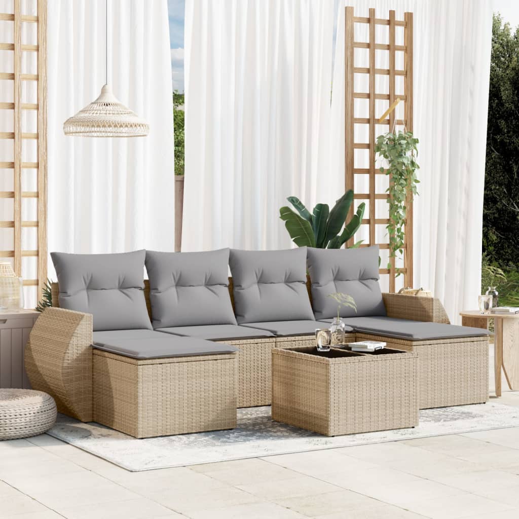 7-tlg. Garten-Sofagarnitur mit Kissen Beige Poly Rattan