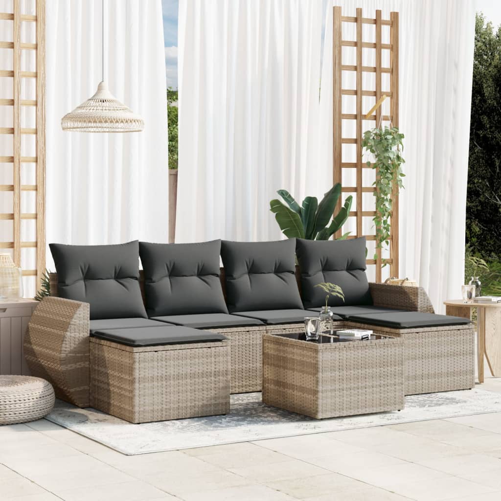 vidaXL 7-tlg. Garten-Sofagarnitur mit Kissen Hellgrau Poly Rattan