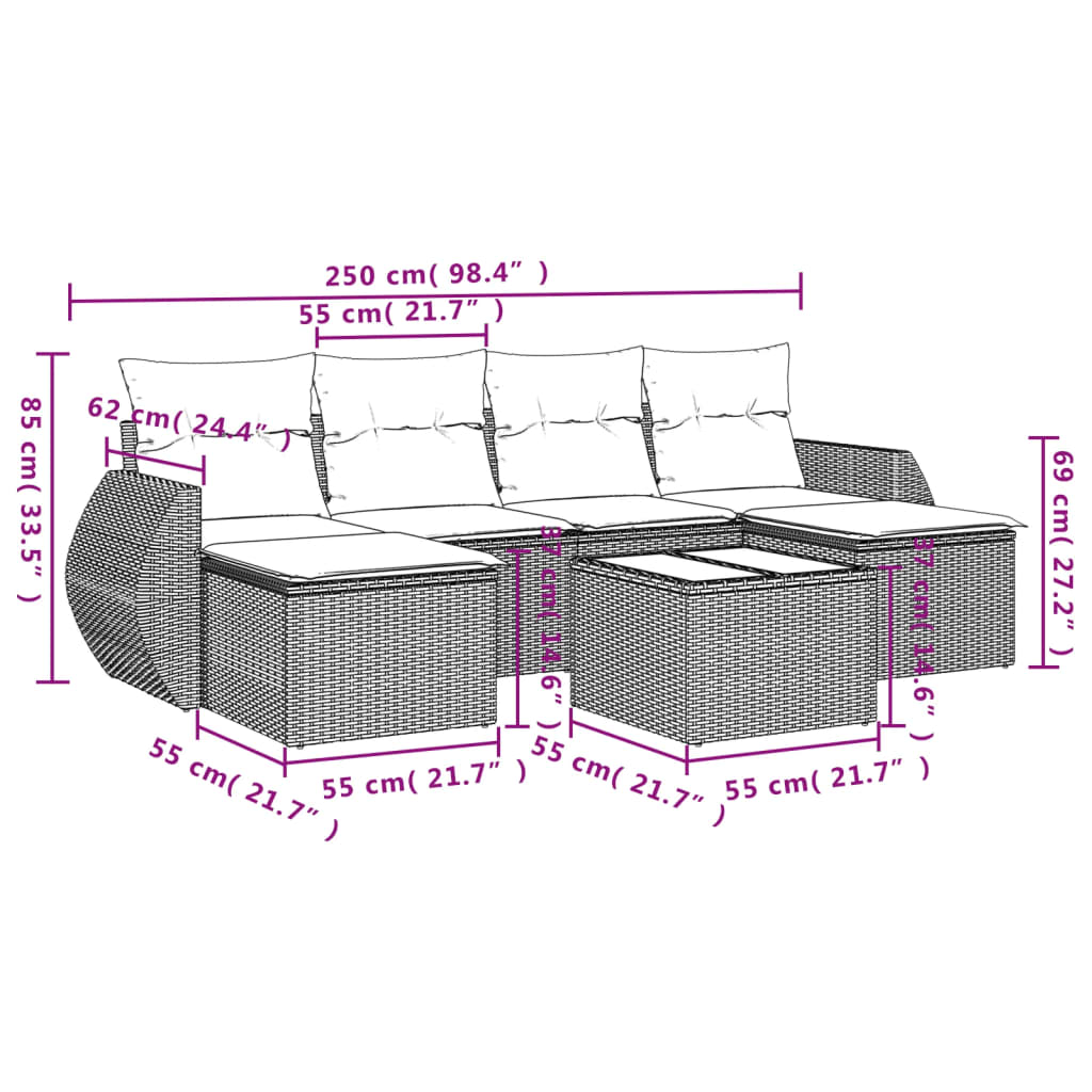 vidaXL 7-delige Loungeset met kussens poly rattan bruin