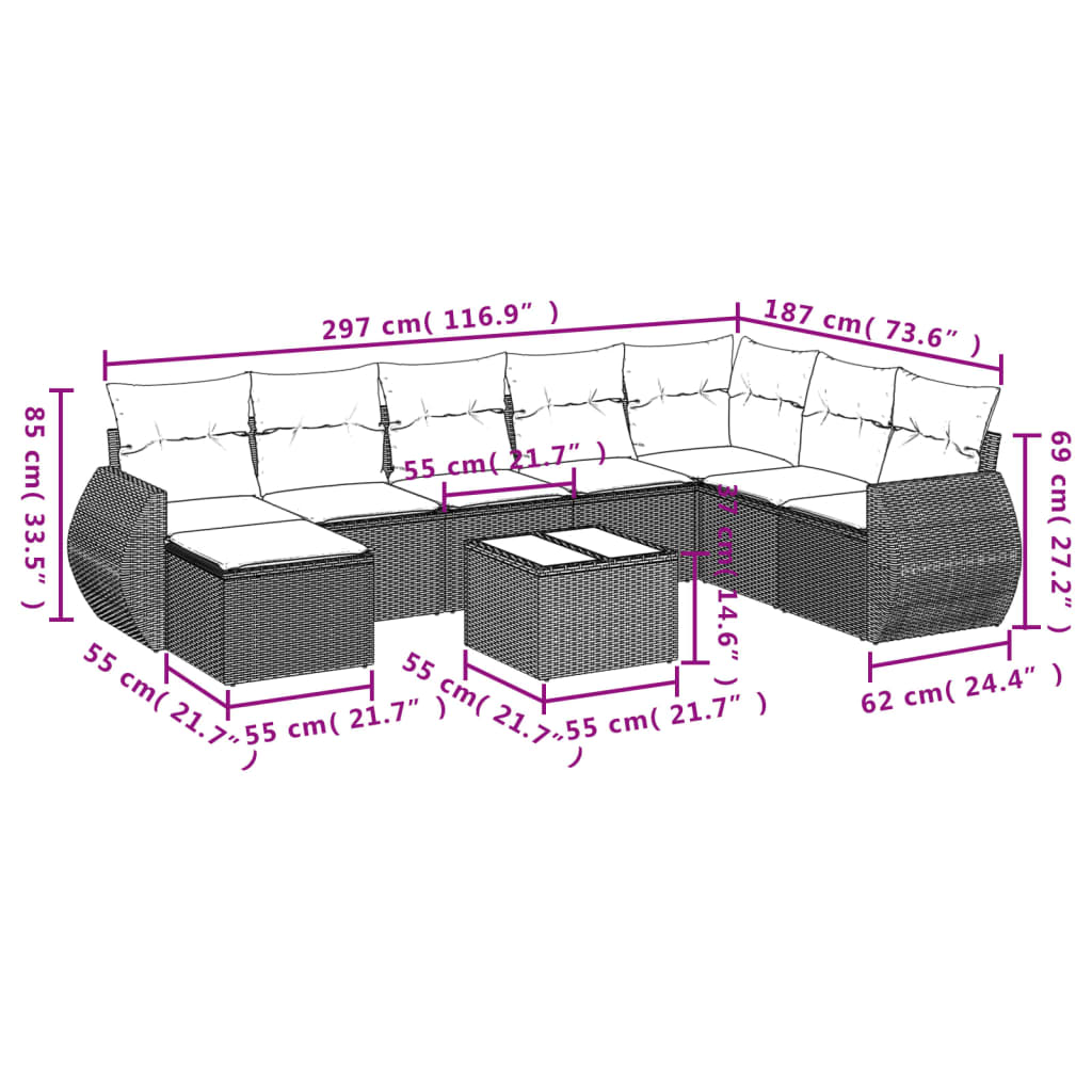 Set mobilier de grădină cu perne, 8 piese, negru, poliratan 3254093 - imagine 3