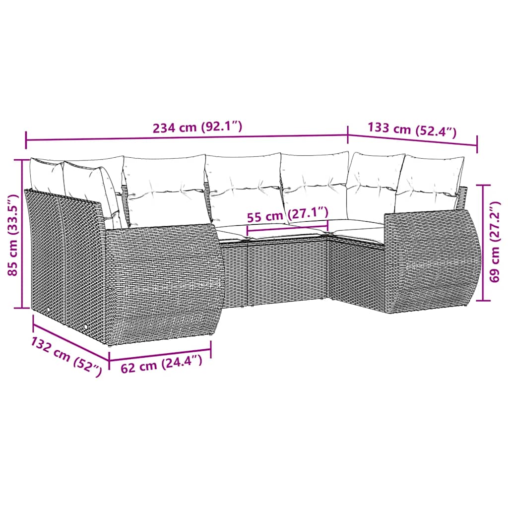vidaXL 6-delige Loungeset met kussens poly rattan zwart afbeelding