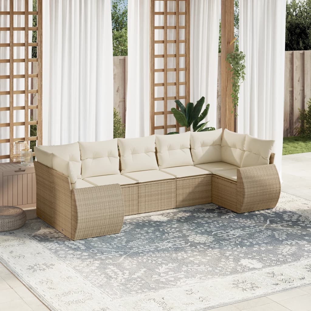 7-tlg. Garten-Sofagarnitur mit Kissen Beige Poly Rattan