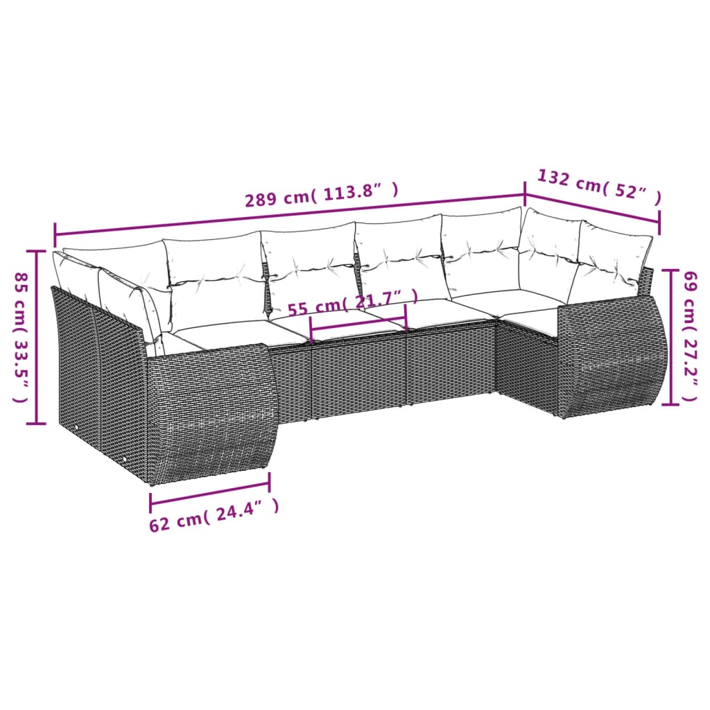 vidaXL 7-delige Loungeset met kussens poly rattan bruin