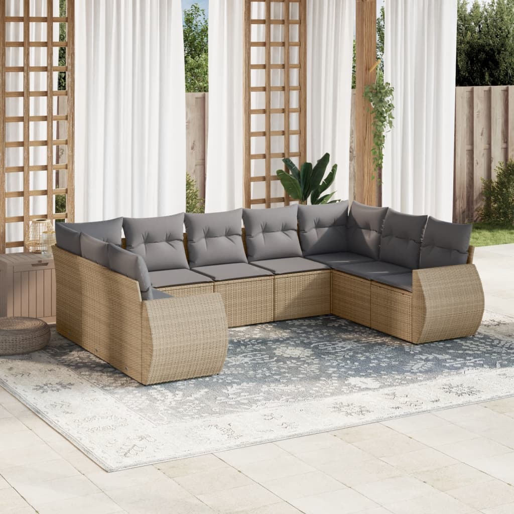 vidaXL 9-tlg. Garten-Sofagarnitur mit Kissen Beige Poly Rattan