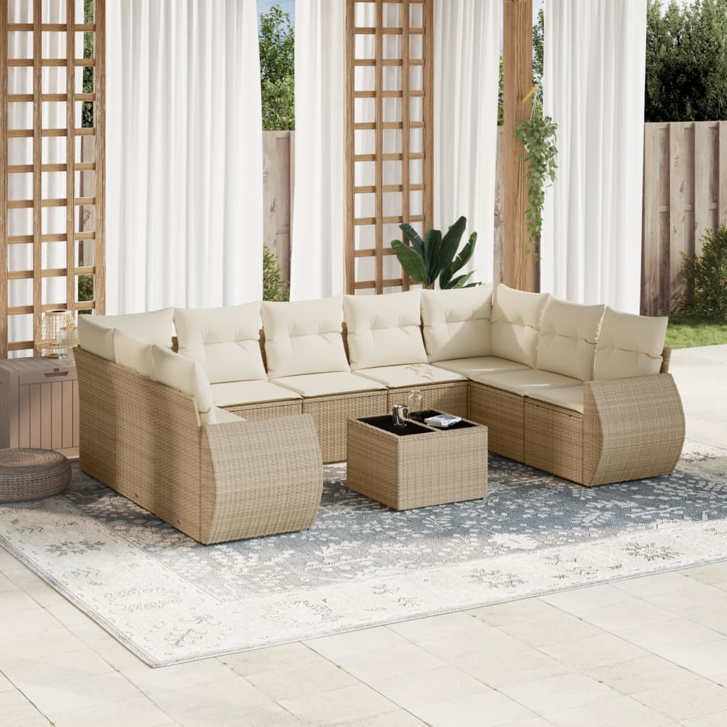 vidaXL 10-tlg. Garten-Sofagarnitur mit Kissen Beige Poly Rattan