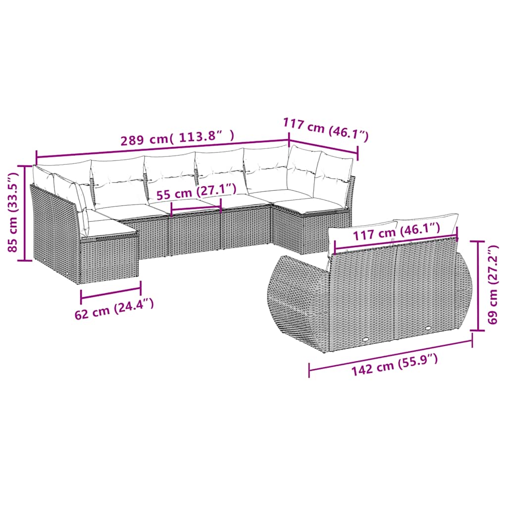 Set mobilier de grădină cu perne, 9 piese, negru, poliratan 3254153 - imagine 3