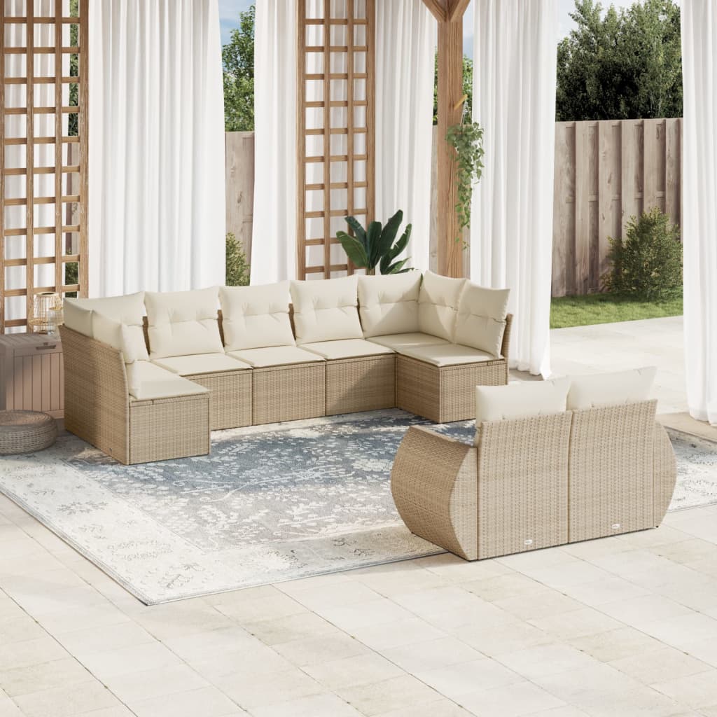 9-tlg. Garten-Sofagarnitur mit Kissen Beige Poly Rattan