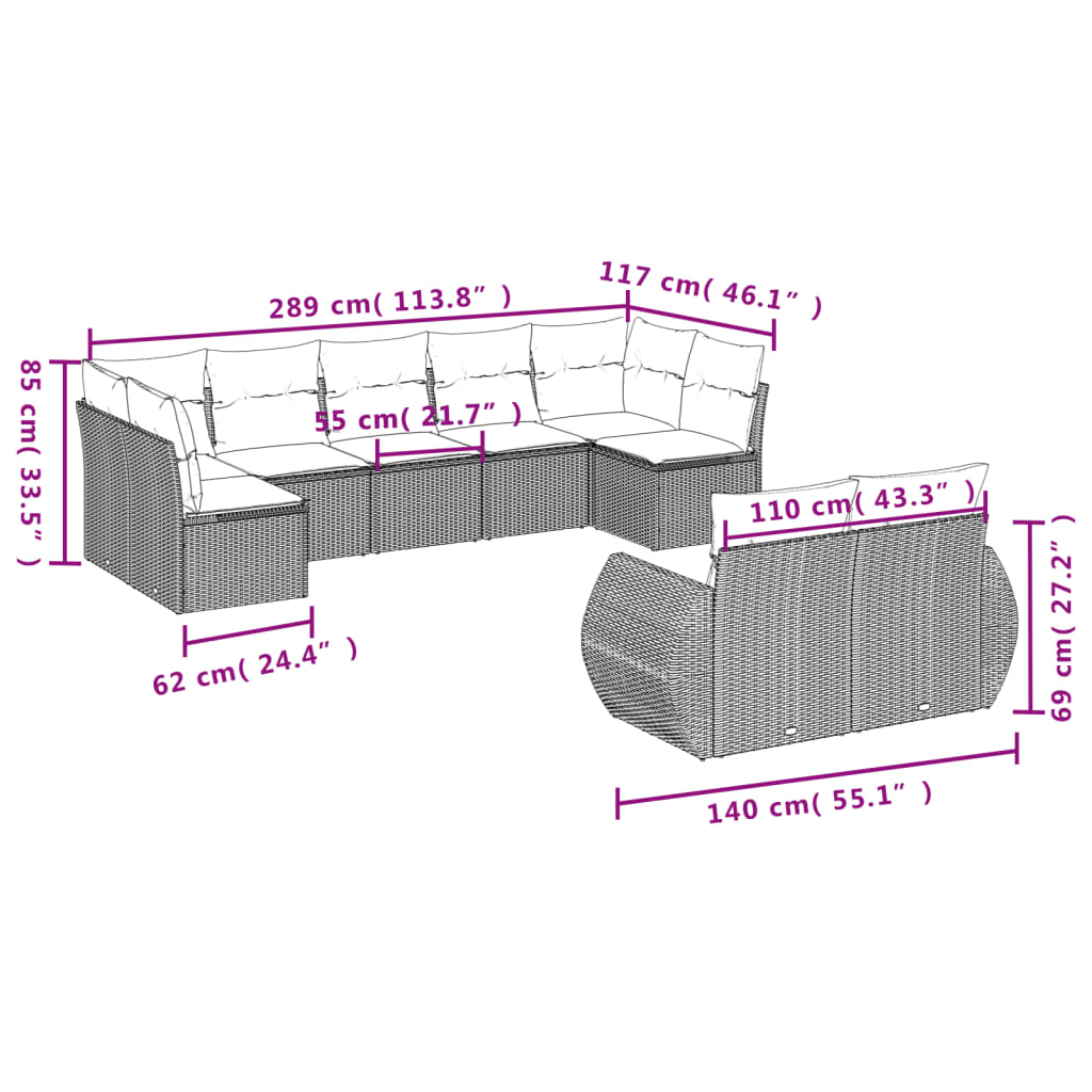 Set canapele de grădină, 9 piese, cu perne, bej, poliratan 3254156 - imagine 3