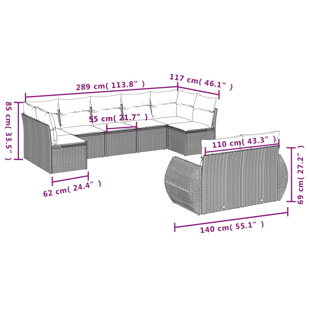 Set canapele de grădină, 9 piese, cu perne, gri, poliratan 3254157 - imagine 3