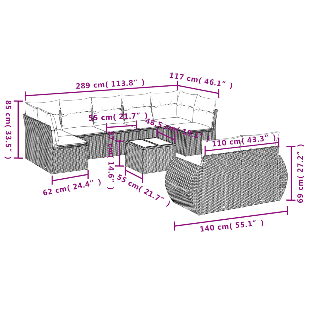 Set mobilier de grădină cu perne, 10 piese, gri, poliratan 3254167 - imagine 3