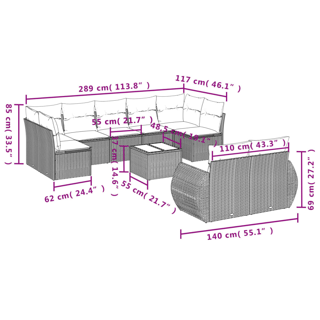 vidaXL 10-delige Loungeset met kussens poly rattan bruin