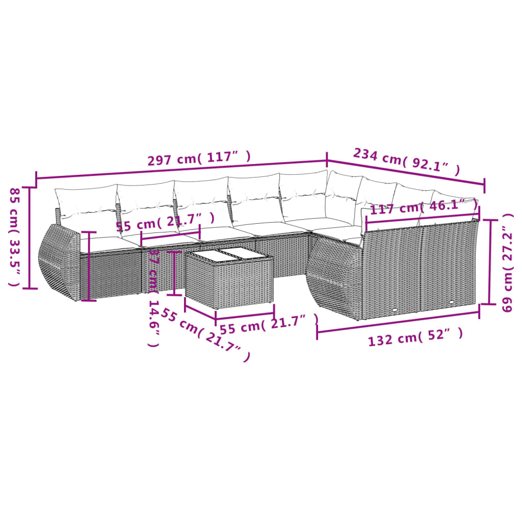 Set canapele de grădină cu perne, 10 piese, negru, poliratan 3254183 - imagine 3