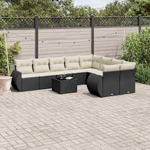 Vrtna sedežna garnitura 10-delna z blazinami črn poli ratan