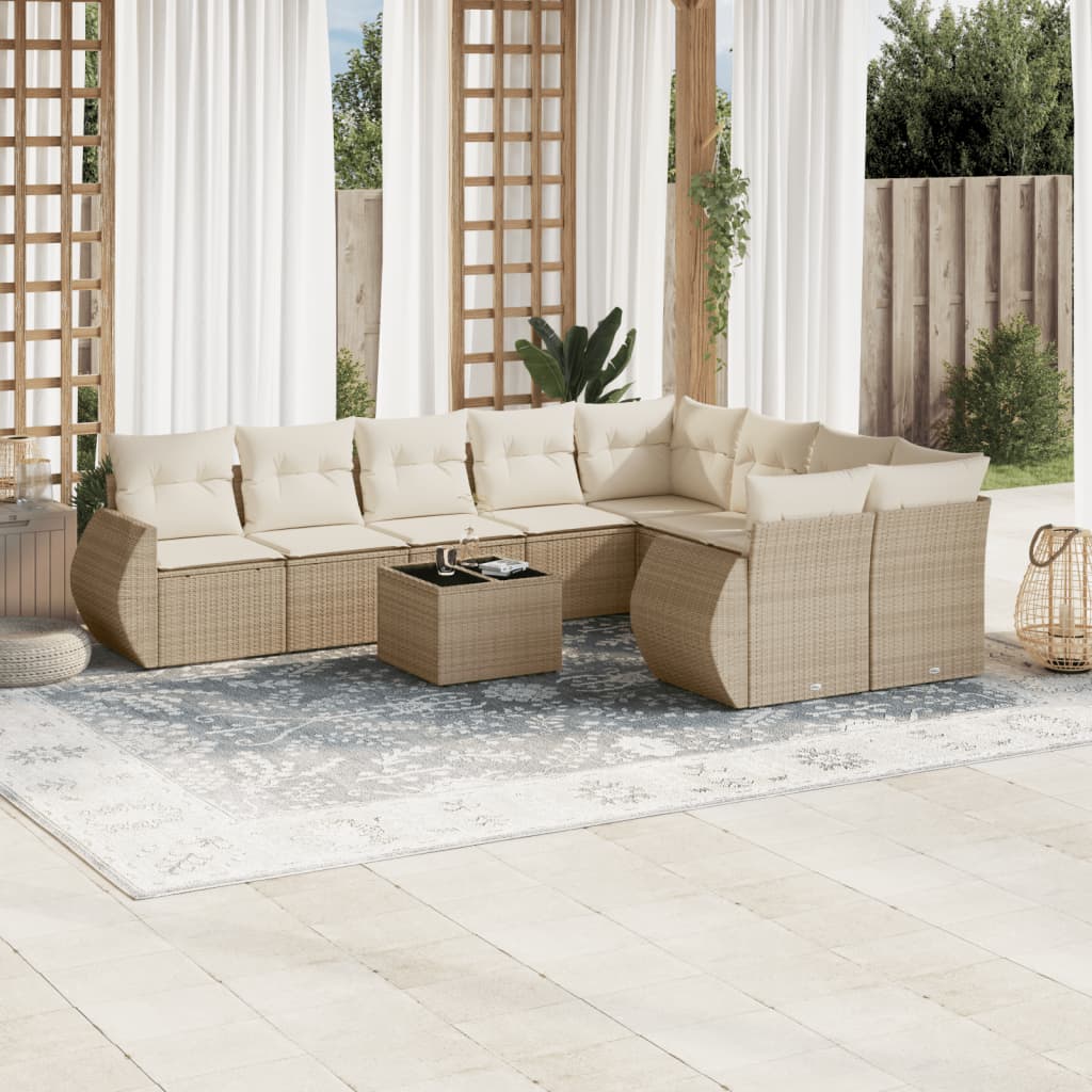 vidaXL 10-tlg. Garten-Sofagarnitur mit Kissen Beige Poly Rattan