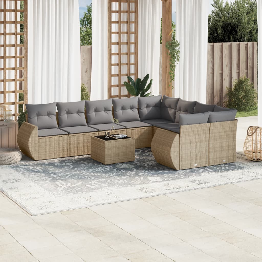 vidaXL 10-tlg. Garten-Sofagarnitur mit Kissen Beige Poly Rattan