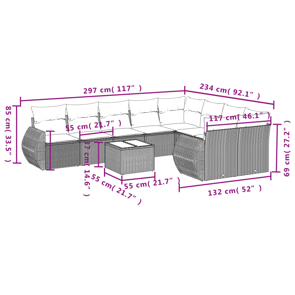Set mobilier de grădină cu perne, 10 piese, gri, poliratan 3254187 - imagine 3