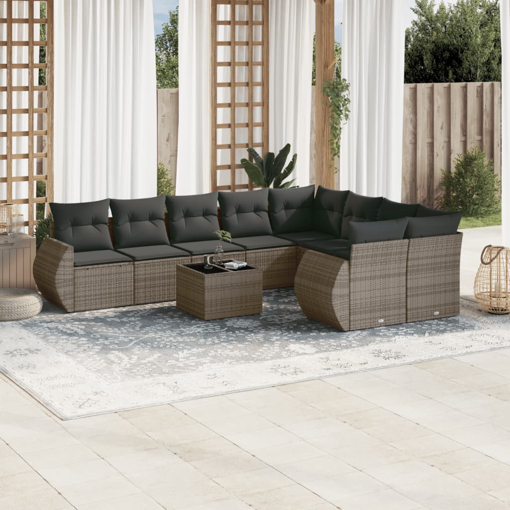 vidaXL Salon de jardin avec coussins 10 pcs gris résine tressée