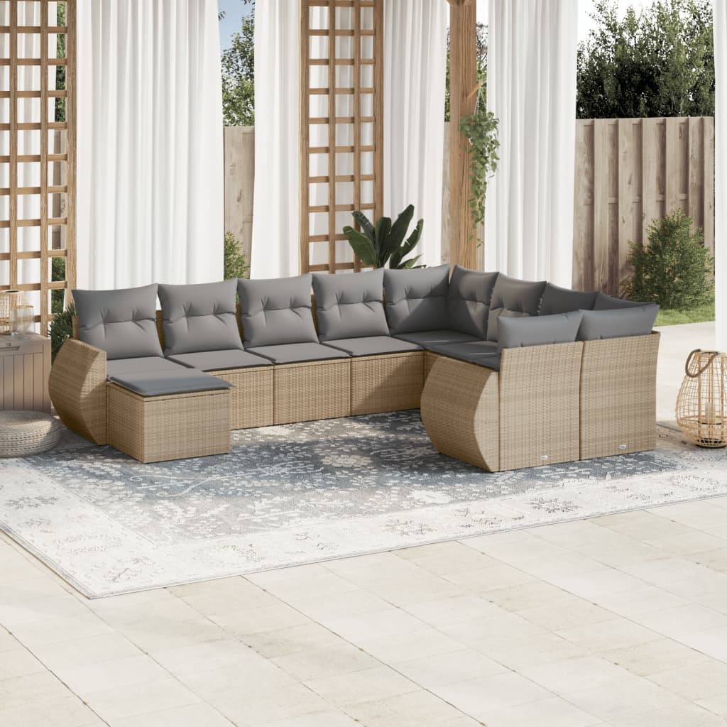 vidaXL 10-tlg. Garten-Sofagarnitur mit Kissen Beige Poly Rattan