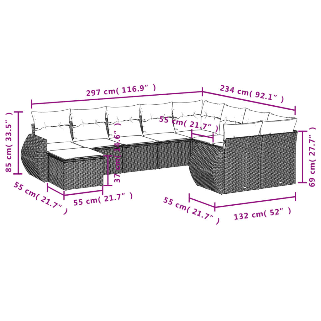 Set mobilier de grădină cu perne, 10 piese, gri, poliratan 3254197 - imagine 3