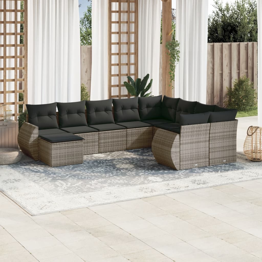 vidaXL 10-tlg. Garten-Sofagarnitur mit Kissen Grau Poly Rattan