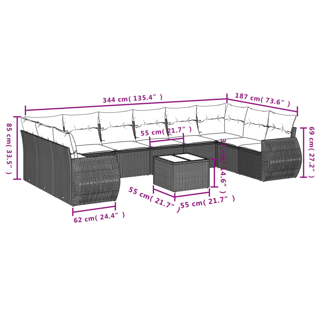 vidaXL 10-delige Loungeset met kussens poly rattan zwart afbeelding
