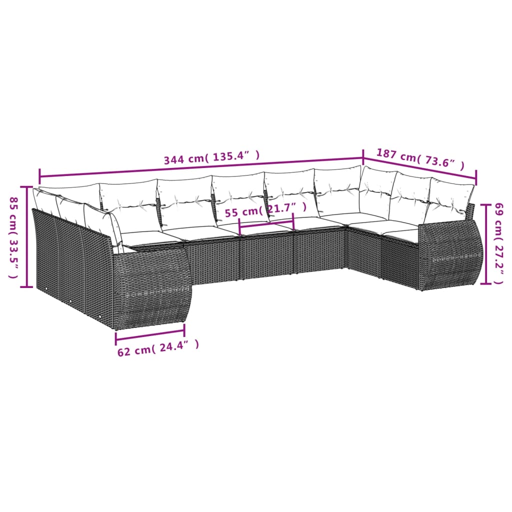 vidaXL 11-delige Tuinset met kussens poly rattan beige