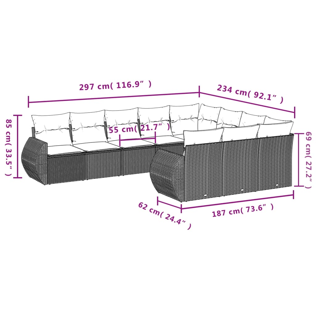 Set canapele de grădină cu perne, 10 piese, bej, poliratan 3254226 - imagine 3