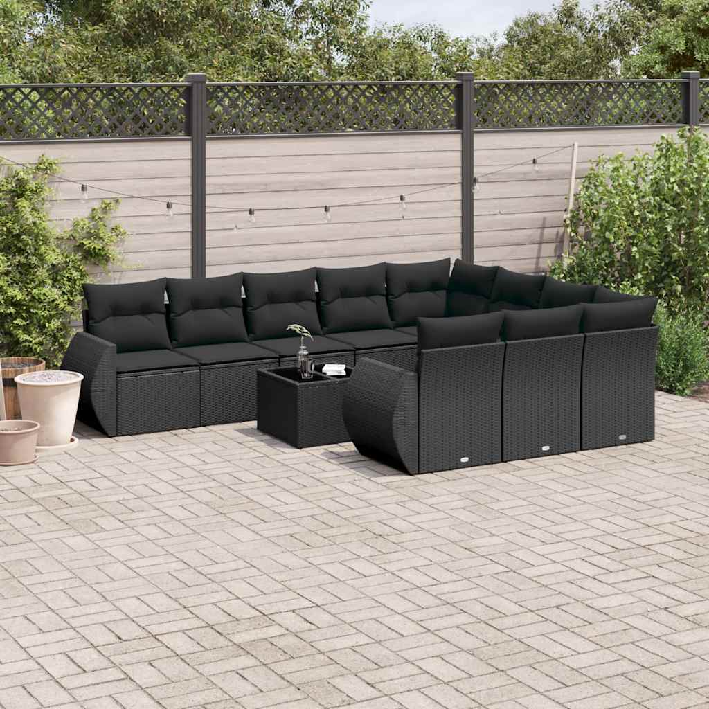 vidaXL 11-tlg. Garten-Sofagarnitur mit Kissen Schwarz Poly Rattan