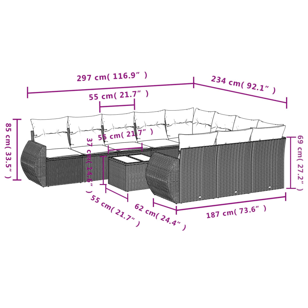 vidaXL 11-delige Loungeset met kussens poly rattan zwart