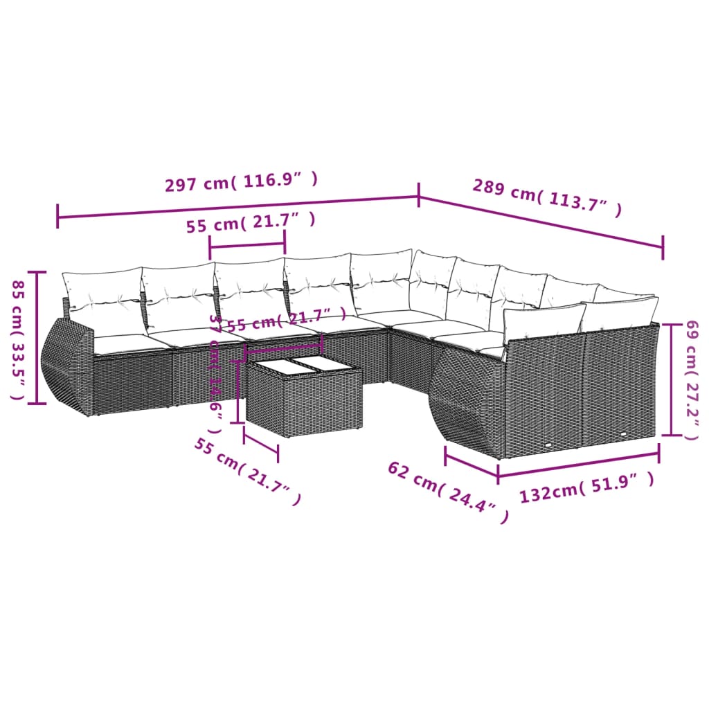 Set canapele de grădină cu perne, 11 piese, negru, poliratan 3254253 - imagine 3