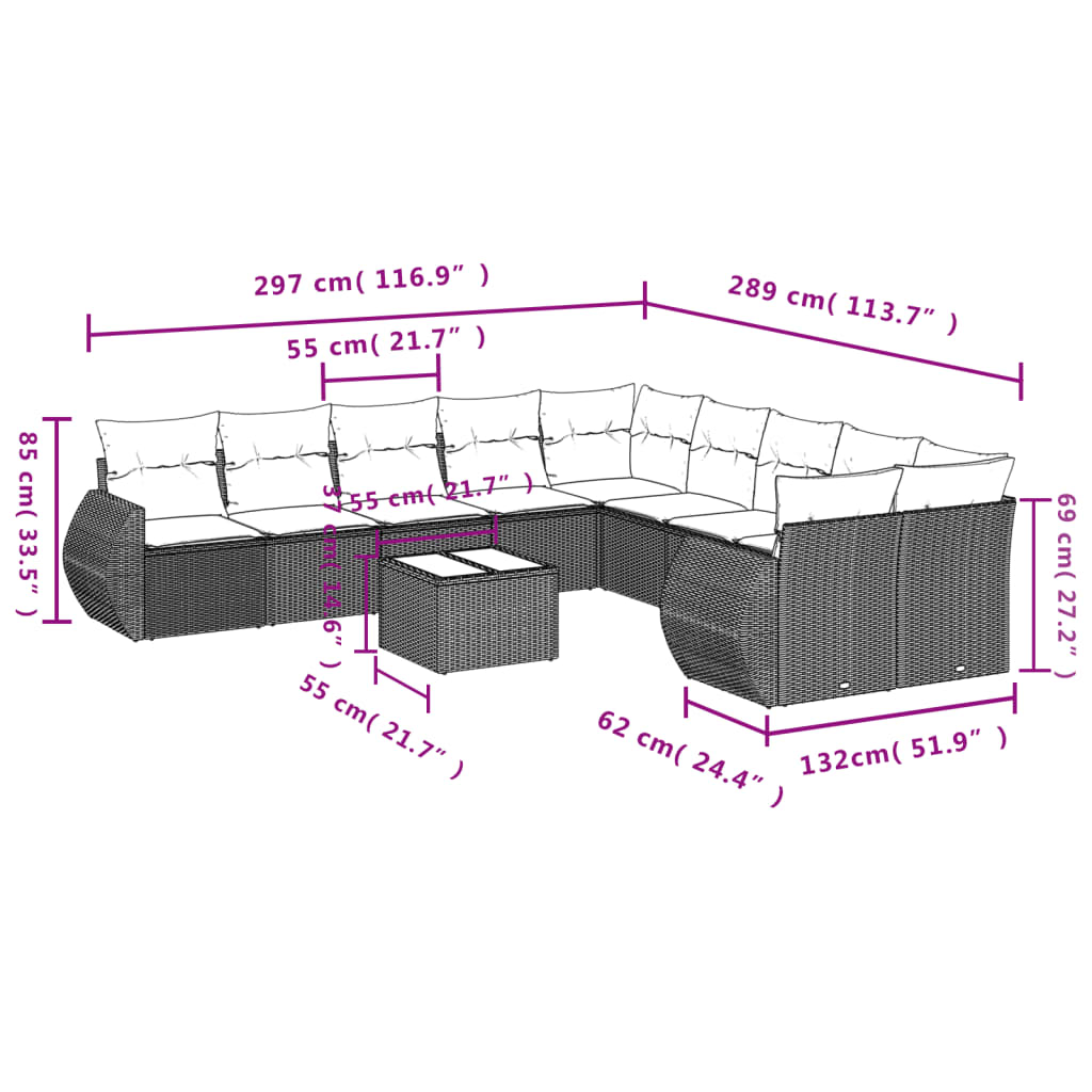 Set canapele de grădină cu perne, 11 piese, gri, poliratan 3254257 - imagine 3