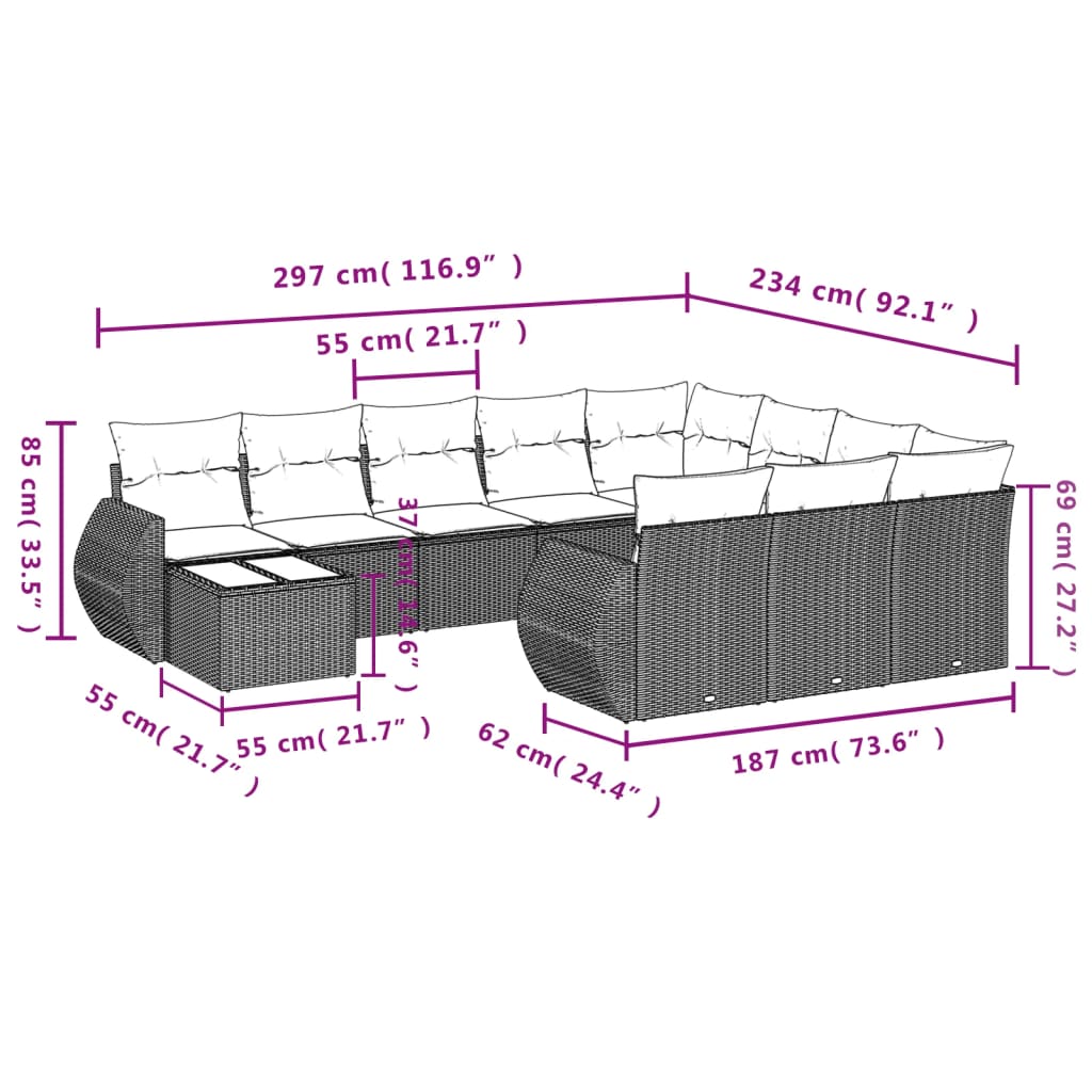 vidaXL 11-delige Loungeset met kussens poly rattan zwart afbeelding