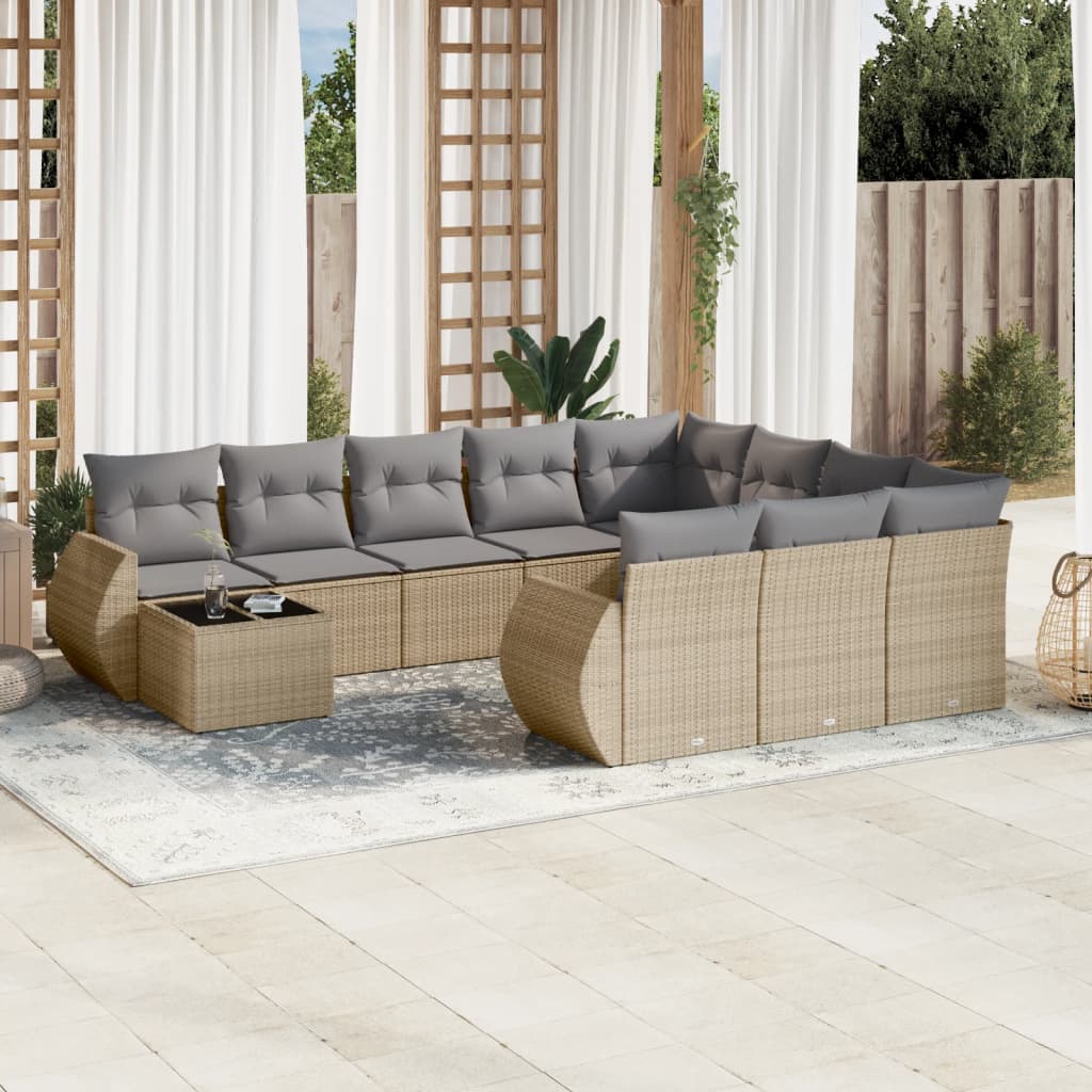 vidaXL 11-tlg. Garten-Sofagarnitur mit Kissen Beige Poly Rattan