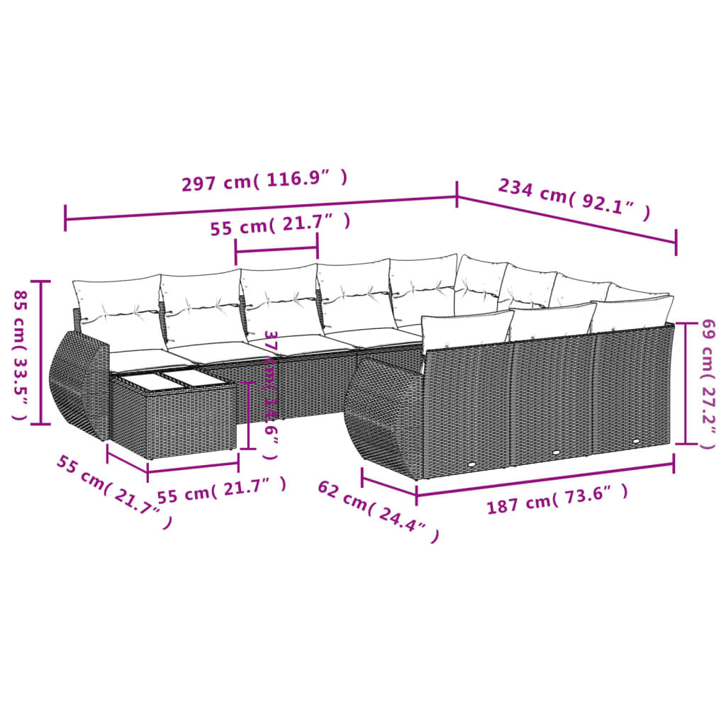 Set canapele de grădină cu perne, 11 piese, gri, poliratan 3254267 - imagine 3