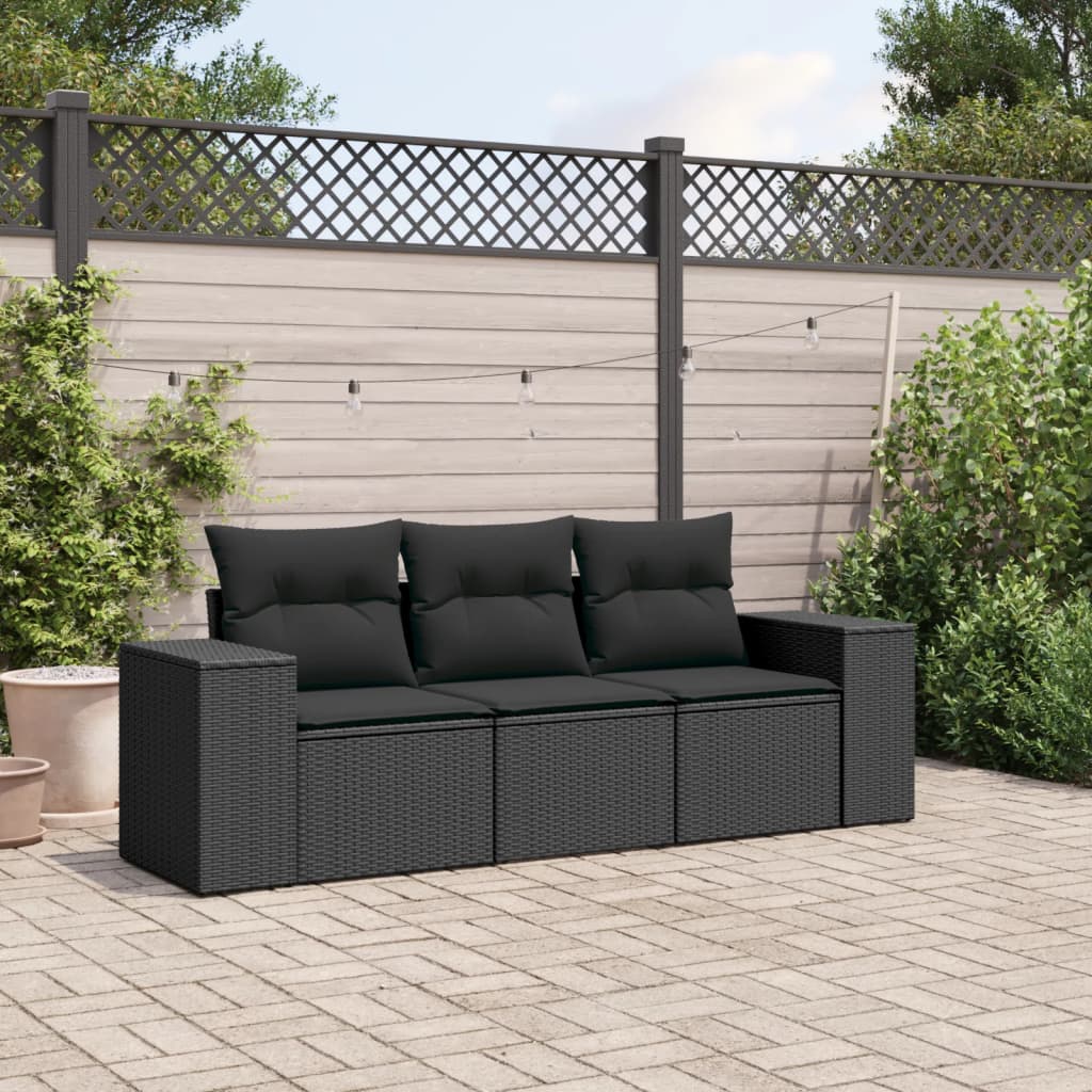 vidaXL 3-tlg. Garten-Sofagarnitur mit Kissen Schwarz Poly Rattan