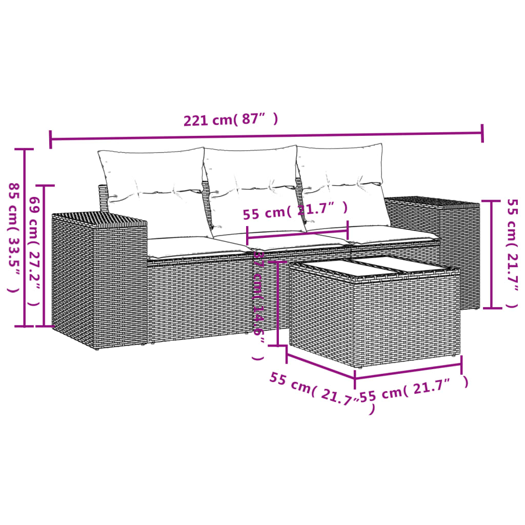 vidaXL 4-delige Loungeset met kussens poly rattan beige afbeelding