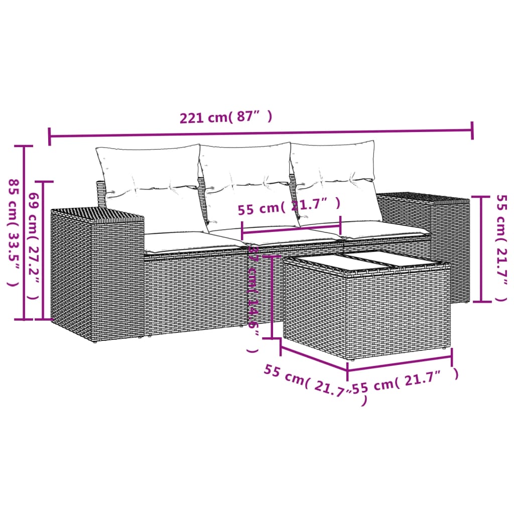 vidaXL 4-delige Loungeset met kussens poly rattan bruin