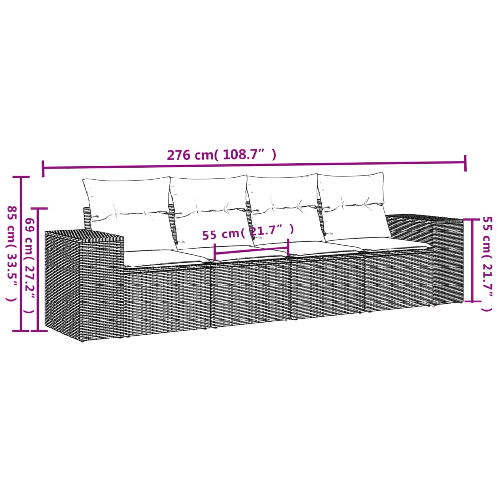 vidaXL 4-delige Loungeset met kussens poly rattan bruin