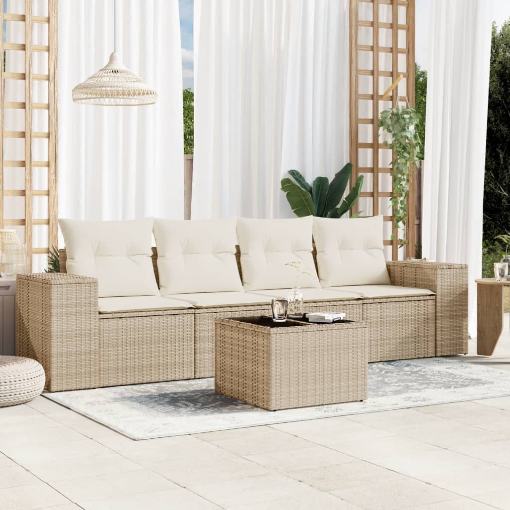 5-tlg. Garten-Sofagarnitur mit Kissen Beige Poly Rattan