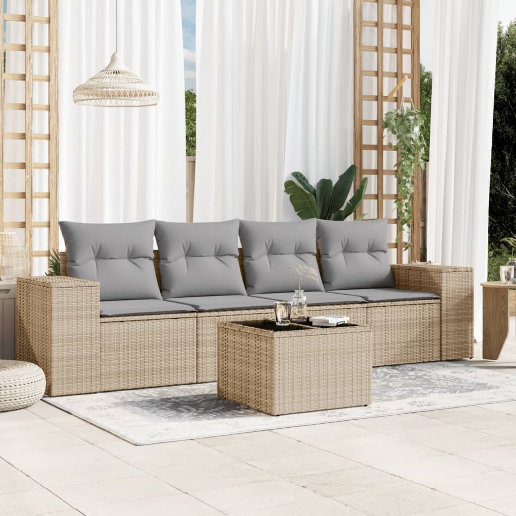 vidaXL 5-tlg. Garten-Sofagarnitur mit Kissen Beige Poly Rattan